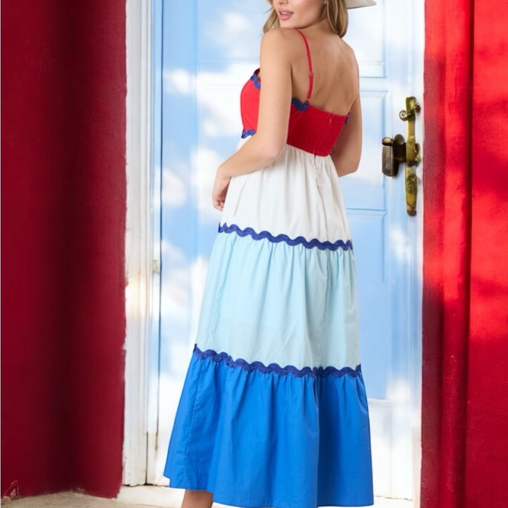 PEACH LOVE CALIFORNIA cotton poplin color block maxi dress S M L - Picture 4 of 9